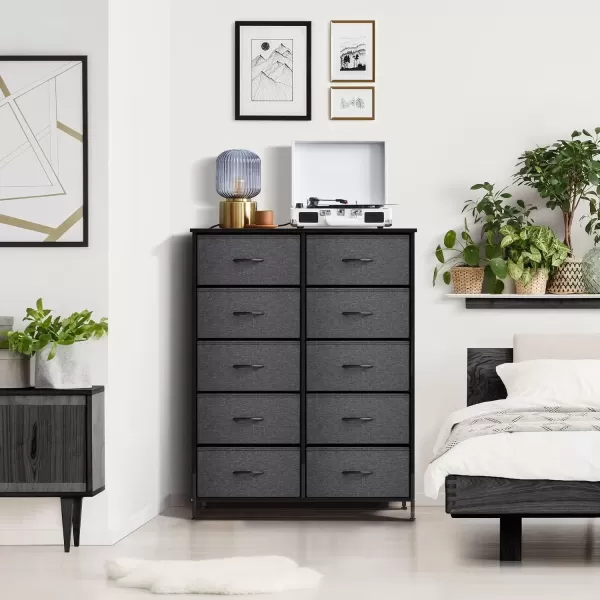 imageSorbus Dresser with 10 Faux Wood Drawers  Storage Unit Organizer Chest for Clothes  Bedroom Hallway Living Room Closet ampamp Dorm Furniture  Steel Frame Wood Top ampamp Easy Pull Fabric BinsBlackCharcoal