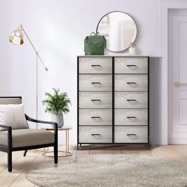 imageSorbus Dresser with 10 Faux Wood Drawers  Storage Unit Organizer Chest for Clothes  Bedroom Hallway Living Room Closet ampamp Dorm Furniture  Steel Frame Wood Top ampamp Easy Pull Fabric BinsGreige