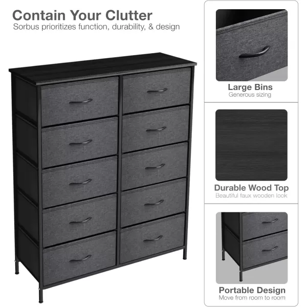 imageSorbus Dresser with 10 Faux Wood Drawers  Storage Unit Organizer Chest for Clothes  Bedroom Hallway Living Room Closet ampamp Dorm Furniture  Steel Frame Wood Top ampamp Easy Pull Fabric BinsBlackCharcoal