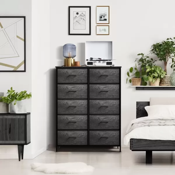 imageSorbus Dresser with 10 Faux Wood Drawers  Storage Unit Organizer Chest for Clothes  Bedroom Hallway Living Room Closet ampamp Dorm Furniture  Steel Frame Wood Top ampamp Easy Pull Fabric BinsGray Wood