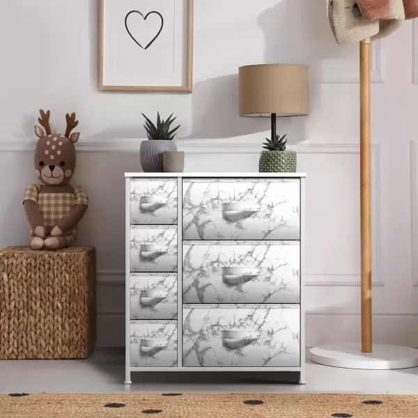 imageSorbus Dresser with 7 Faux Wood Drawers  Storage Unit Organizer Chest for Clothes  Bedroom Hallway Living Room Closet ampamp Dorm Furniture  Steel Frame Wood Top ampamp Easy Pull Fabric BinsMarble WhiteWhite Frame