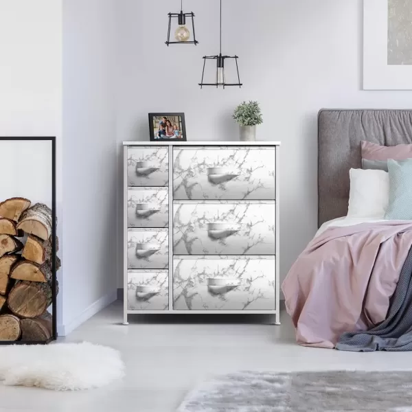 imageSorbus Dresser with 7 Faux Wood Drawers  Storage Unit Organizer Chest for Clothes  Bedroom Hallway Living Room Closet ampamp Dorm Furniture  Steel Frame Wood Top ampamp Easy Pull Fabric BinsMarble WhiteWhite Frame