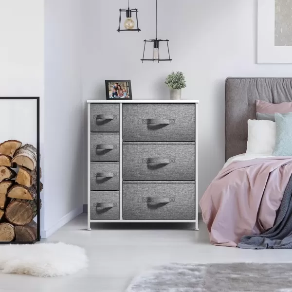 imageSorbus Dresser with 7 Faux Wood Drawers  Storage Unit Organizer Chest for Clothes  Bedroom Hallway Living Room Closet ampamp Dorm Furniture  Steel Frame Wood Top ampamp Easy Pull Fabric BinsWhiteGray