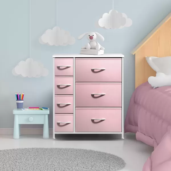 imageSorbus Kids Dresser with 7 Drawers  Storage Chest Organizer Unit with Steel Frame Wood Top ampamp Handles Tiedye Fabric Bins for Clothes  Wide Furniture for Bedroom Hallway Kids Room Nursery ampamp ClosetPastel Pink