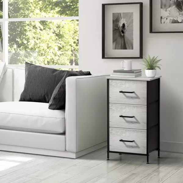 imageSorbus Nightstand Dresser with 4 Faux Wood Drawers  Tall Bedside Table Chest with Storage Steel Frame Wood Top Easy Pull Fabric Bins for Bedroom Living Room Closet ampamp Dorm Furniture Lamp StandGreige