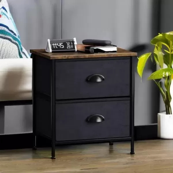 imageSorbus Nightstand Dresser with 4 Faux Wood Drawers  Tall Bedside Table Chest with Storage Steel Frame Wood Top Easy Pull Fabric Bins for Bedroom Living Room Closet ampamp Dorm Furniture Lamp StandBlack