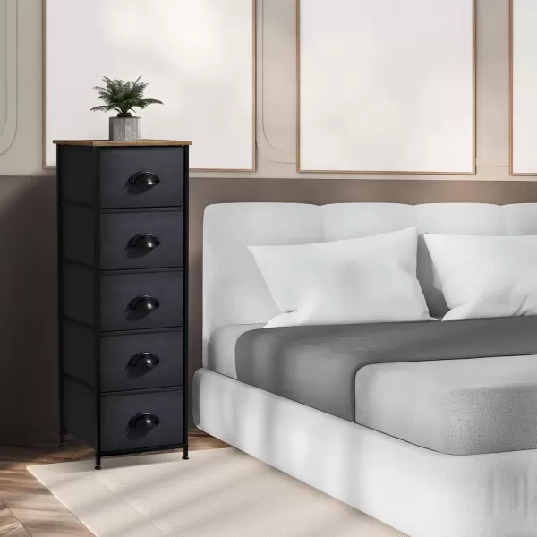 imageSorbus Nightstand Dresser with 4 Faux Wood Drawers  Tall Bedside Table Chest with Storage Steel Frame Wood Top Easy Pull Fabric Bins for Bedroom Living Room Closet ampamp Dorm Furniture Lamp StandBlack