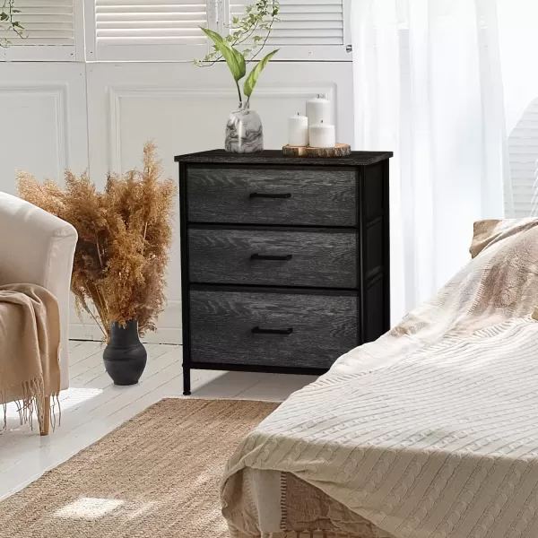 imageSorbus Nightstand Dresser with 4 Faux Wood Drawers  Tall Bedside Table Chest with Storage Steel Frame Wood Top Easy Pull Fabric Bins for Bedroom Living Room Closet ampamp Dorm Furniture Lamp StandGray Wood