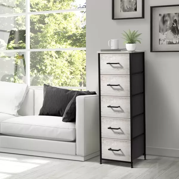 imageSorbus Nightstand Dresser with 4 Faux Wood Drawers  Tall Bedside Table Chest with Storage Steel Frame Wood Top Easy Pull Fabric Bins for Bedroom Living Room Closet ampamp Dorm Furniture Lamp StandGreige