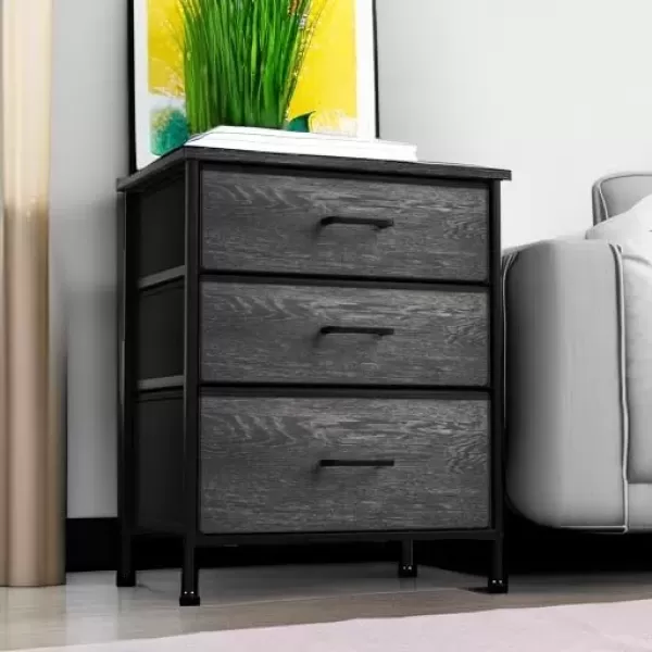 imageSorbus Nightstand Dresser with 4 Faux Wood Drawers  Tall Bedside Table Chest with Storage Steel Frame Wood Top Easy Pull Fabric Bins for Bedroom Living Room Closet ampamp Dorm Furniture Lamp StandGray Wood