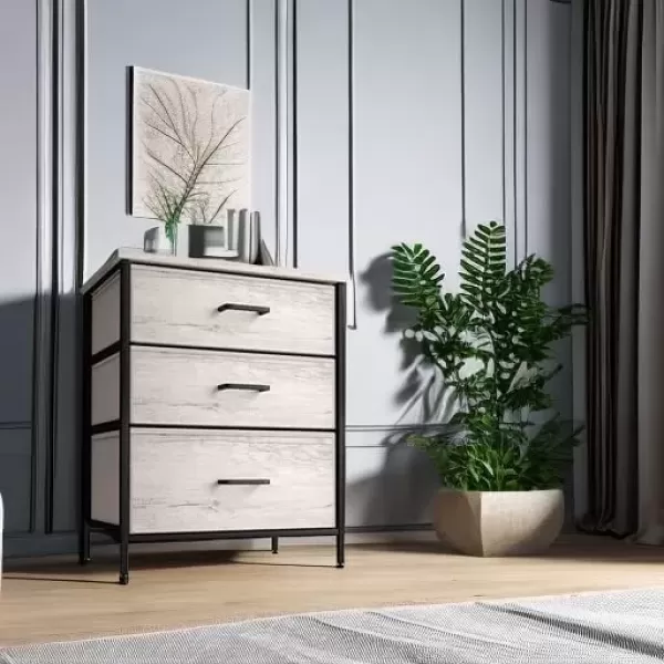 imageSorbus Nightstand Dresser with 4 Faux Wood Drawers  Tall Bedside Table Chest with Storage Steel Frame Wood Top Easy Pull Fabric Bins for Bedroom Living Room Closet ampamp Dorm Furniture Lamp StandGreige
