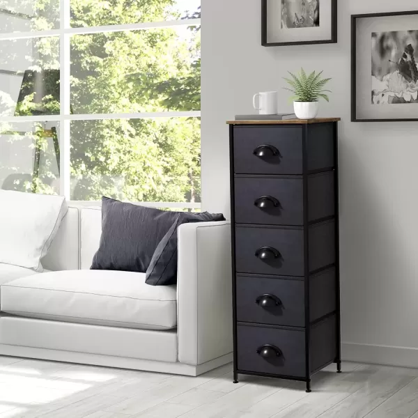 imageSorbus Nightstand Dresser with 4 Faux Wood Drawers  Tall Bedside Table Chest with Storage Steel Frame Wood Top Easy Pull Fabric Bins for Bedroom Living Room Closet ampamp Dorm Furniture Lamp StandBlack