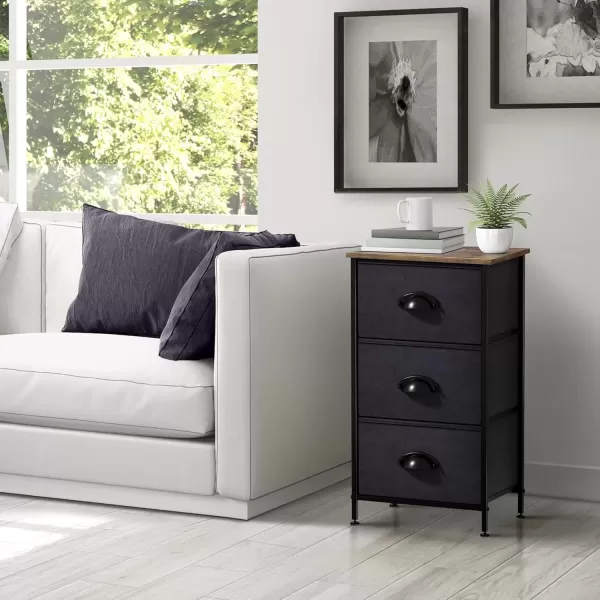 imageSorbus Nightstand Dresser with 4 Faux Wood Drawers  Tall Bedside Table Chest with Storage Steel Frame Wood Top Easy Pull Fabric Bins for Bedroom Living Room Closet ampamp Dorm Furniture Lamp StandBlack