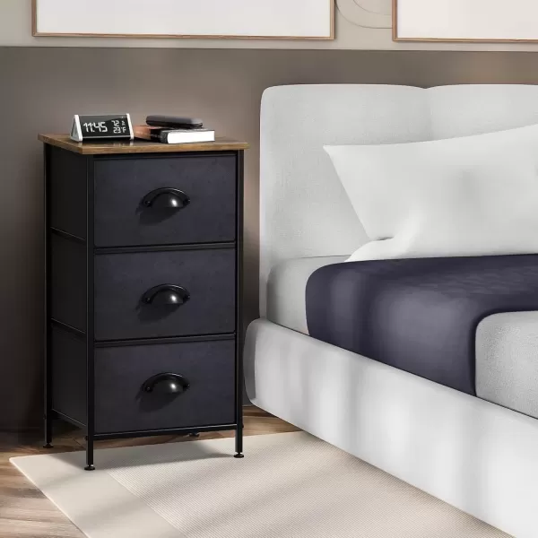 imageSorbus Nightstand Dresser with 4 Faux Wood Drawers  Tall Bedside Table Chest with Storage Steel Frame Wood Top Easy Pull Fabric Bins for Bedroom Living Room Closet ampamp Dorm Furniture Lamp StandBlack