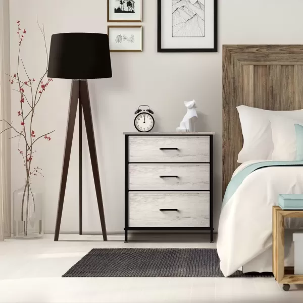 imageSorbus Nightstand Dresser with 4 Faux Wood Drawers  Tall Bedside Table Chest with Storage Steel Frame Wood Top Easy Pull Fabric Bins for Bedroom Living Room Closet ampamp Dorm Furniture Lamp StandGreige