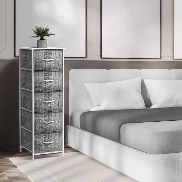 imageSorbus Nightstand with 4 Drawers  Bedside Furniture ampamp Night Stand End Table Dresser with Steel Frame Wood Top Easy Pull Fabric Bins for Home Bedroom Accessories Office ampamp DormGrayWhite