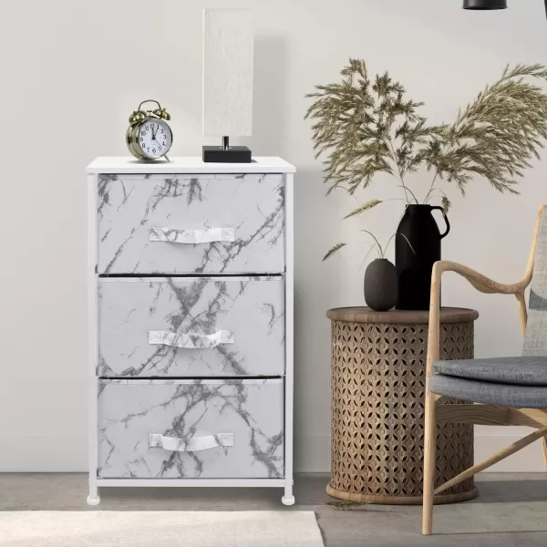 imageSorbus Nightstand with 4 Drawers  Bedside Furniture ampamp Night Stand End Table Dresser with Steel Frame Wood Top Easy Pull Fabric Bins for Home Bedroom Accessories Office ampamp DormMarble White  White Frame