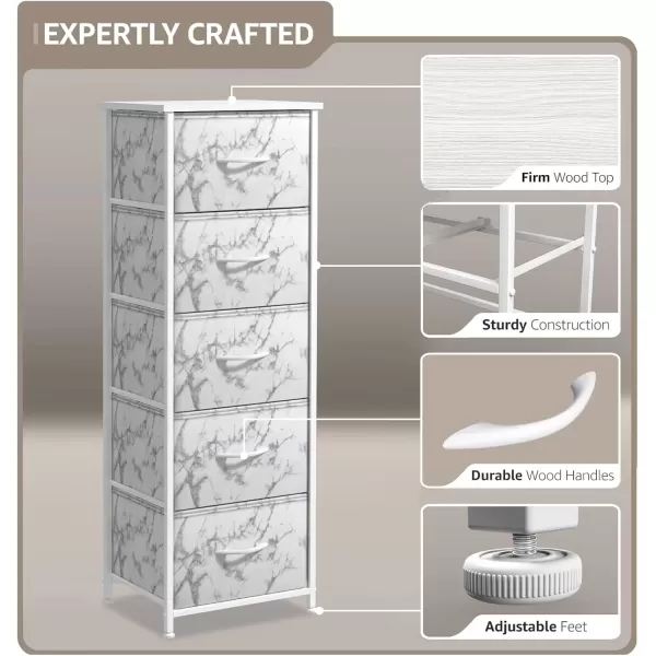 imageSorbus Nightstand with 4 Drawers  Bedside Furniture ampamp Night Stand End Table Dresser with Steel Frame Wood Top Easy Pull Fabric Bins for Home Bedroom Accessories Office ampamp DormMarble White  White Frame