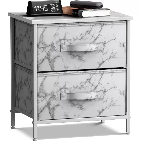 imageSorbus Nightstand with 4 Drawers  Bedside Furniture ampamp Night Stand End Table Dresser with Steel Frame Wood Top Easy Pull Fabric Bins for Home Bedroom Accessories Office ampamp DormMarble White  White Frame
