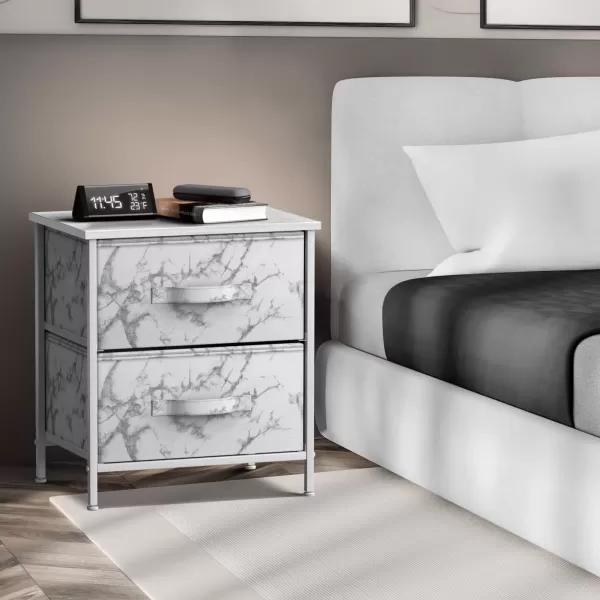 imageSorbus Nightstand with 4 Drawers  Bedside Furniture ampamp Night Stand End Table Dresser with Steel Frame Wood Top Easy Pull Fabric Bins for Home Bedroom Accessories Office ampamp DormMarble White  White Frame