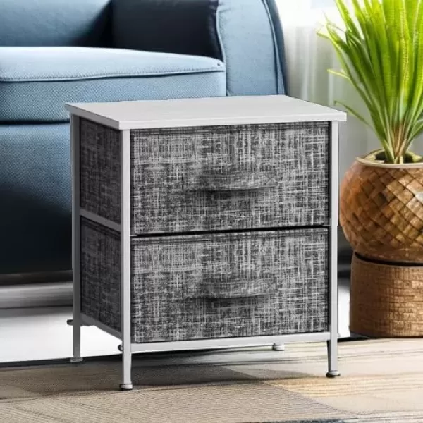 imageSorbus Nightstand with 4 Drawers  Bedside Furniture ampamp Night Stand End Table Dresser with Steel Frame Wood Top Easy Pull Fabric Bins for Home Bedroom Accessories Office ampamp DormGrayWhite