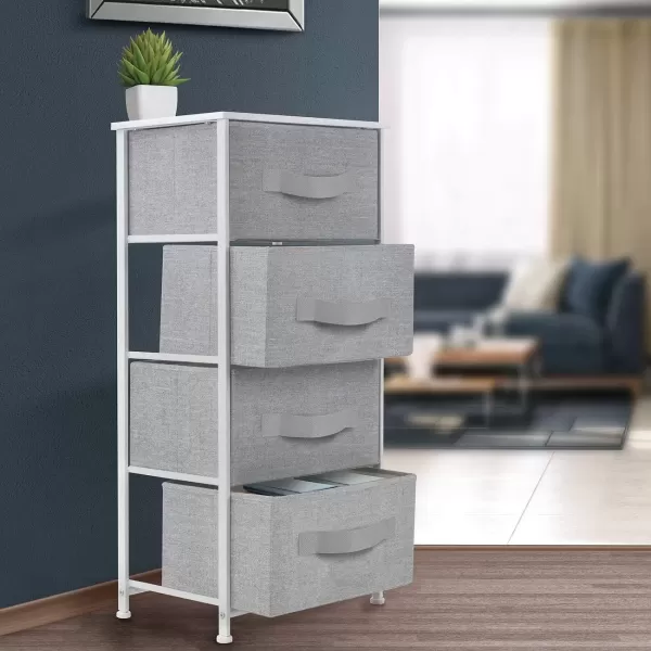 imageSorbus Nightstand with 4 Drawers  Bedside Furniture ampamp Night Stand End Table Dresser with Steel Frame Wood Top Easy Pull Fabric Bins for Home Bedroom Accessories Office ampamp DormWhite