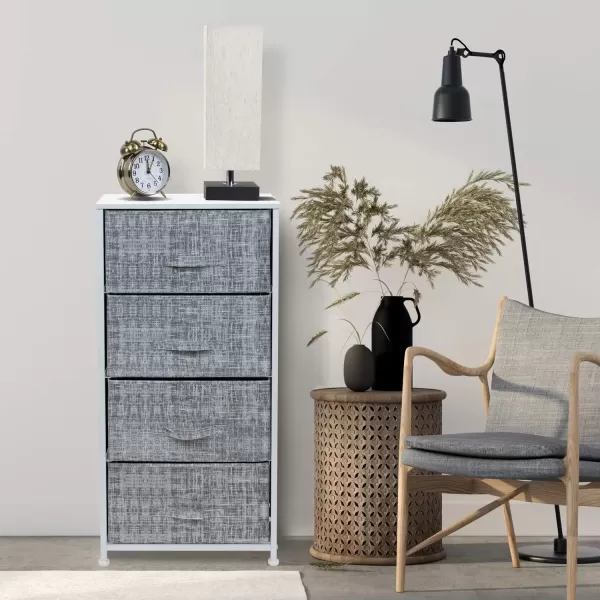 imageSorbus Nightstand with 4 Drawers  Bedside Furniture ampamp Night Stand End Table Dresser with Steel Frame Wood Top Easy Pull Fabric Bins for Home Bedroom Accessories Office ampamp DormGrayWhite