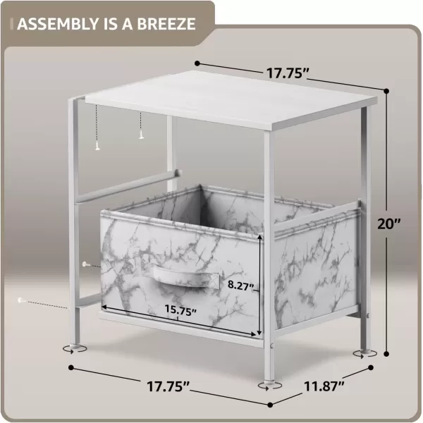 imageSorbus Nightstand with 4 Drawers  Bedside Furniture ampamp Night Stand End Table Dresser with Steel Frame Wood Top Easy Pull Fabric Bins for Home Bedroom Accessories Office ampamp DormMarble White  White Frame