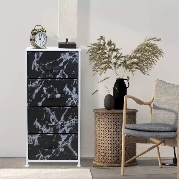 imageSorbus Nightstand with 4 Drawers  Bedside Furniture ampamp Night Stand End Table Dresser with Steel Frame Wood Top Easy Pull Fabric Bins for Home Bedroom Accessories Office ampamp DormMarble Black  White Frame