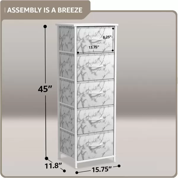imageSorbus Nightstand with 4 Drawers  Bedside Furniture ampamp Night Stand End Table Dresser with Steel Frame Wood Top Easy Pull Fabric Bins for Home Bedroom Accessories Office ampamp DormMarble White  White Frame