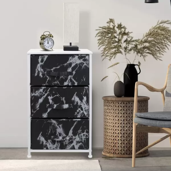 imageSorbus Nightstand with 4 Drawers  Bedside Furniture ampamp Night Stand End Table Dresser with Steel Frame Wood Top Easy Pull Fabric Bins for Home Bedroom Accessories Office ampamp DormMarble Black  White Frame
