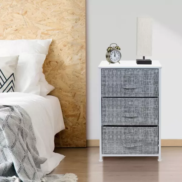 imageSorbus Nightstand with 4 Drawers  Bedside Furniture ampamp Night Stand End Table Dresser with Steel Frame Wood Top Easy Pull Fabric Bins for Home Bedroom Accessories Office ampamp DormGrayWhite