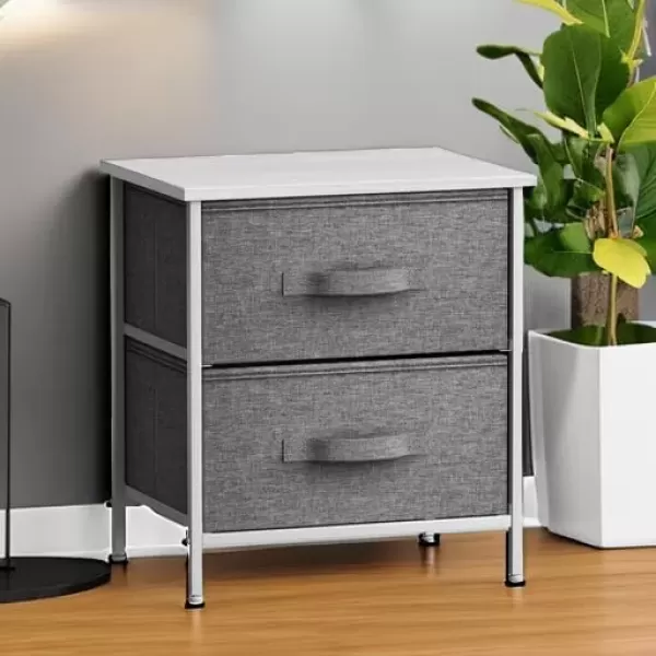 imageSorbus Nightstand with 4 Drawers  Bedside Furniture ampamp Night Stand End Table Dresser with Steel Frame Wood Top Easy Pull Fabric Bins for Home Bedroom Accessories Office ampamp DormWhite
