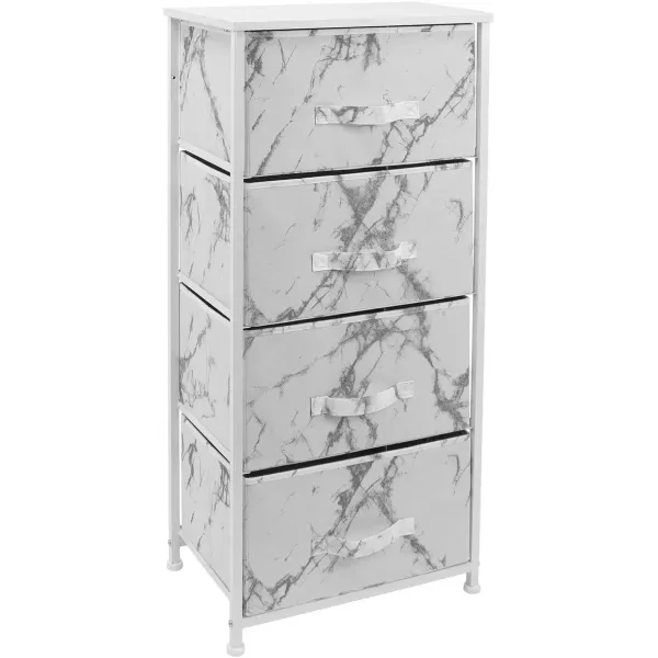 imageSorbus Nightstand with 4 Drawers  Bedside Furniture ampamp Night Stand End Table Dresser with Steel Frame Wood Top Easy Pull Fabric Bins for Home Bedroom Accessories Office ampamp DormMarble White  White Frame
