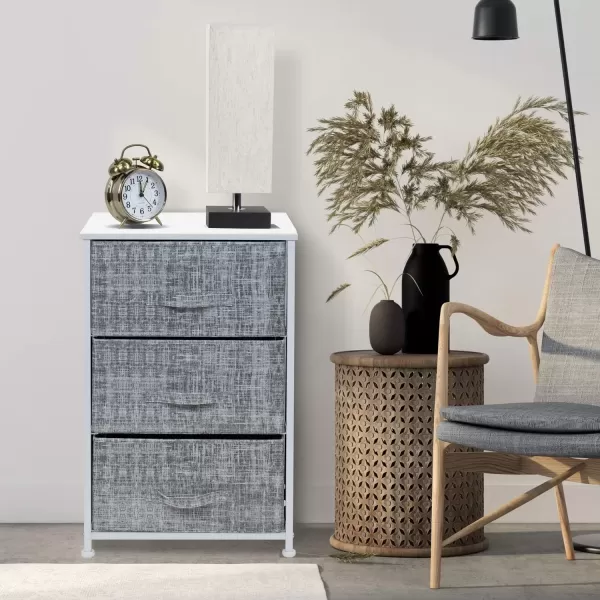 imageSorbus Nightstand with 4 Drawers  Bedside Furniture ampamp Night Stand End Table Dresser with Steel Frame Wood Top Easy Pull Fabric Bins for Home Bedroom Accessories Office ampamp DormGrayWhite