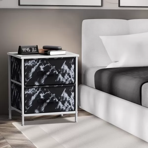 imageSorbus Nightstand with 4 Drawers  Bedside Furniture ampamp Night Stand End Table Dresser with Steel Frame Wood Top Easy Pull Fabric Bins for Home Bedroom Accessories Office ampamp DormMarble Black  White Frame