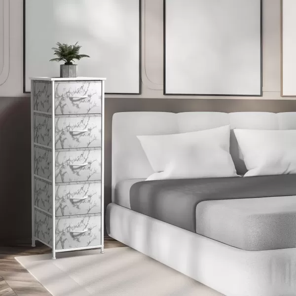 imageSorbus Nightstand with 4 Drawers  Bedside Furniture ampamp Night Stand End Table Dresser with Steel Frame Wood Top Easy Pull Fabric Bins for Home Bedroom Accessories Office ampamp DormMarble White  White Frame
