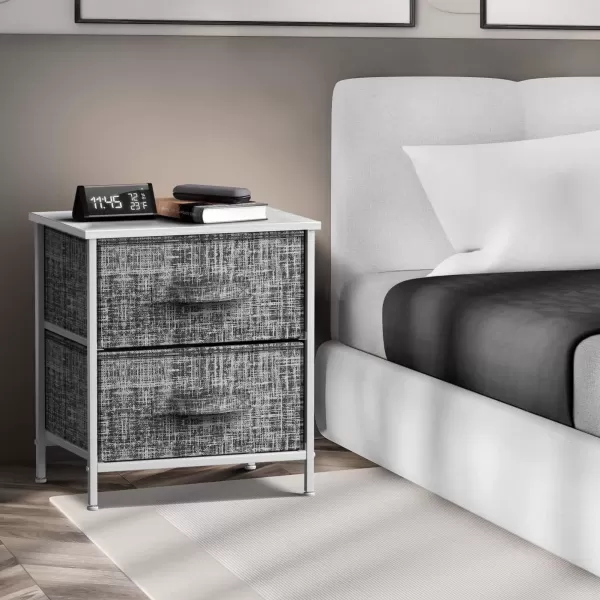 imageSorbus Nightstand with 4 Drawers  Bedside Furniture ampamp Night Stand End Table Dresser with Steel Frame Wood Top Easy Pull Fabric Bins for Home Bedroom Accessories Office ampamp DormGrayWhite