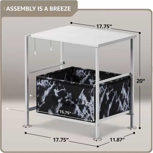 imageSorbus Nightstand with 4 Drawers  Bedside Furniture ampamp Night Stand End Table Dresser with Steel Frame Wood Top Easy Pull Fabric Bins for Home Bedroom Accessories Office ampamp DormMarble Black  White Frame