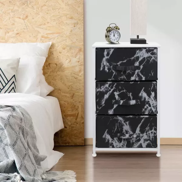 imageSorbus Nightstand with 4 Drawers  Bedside Furniture ampamp Night Stand End Table Dresser with Steel Frame Wood Top Easy Pull Fabric Bins for Home Bedroom Accessories Office ampamp DormMarble Black  White Frame