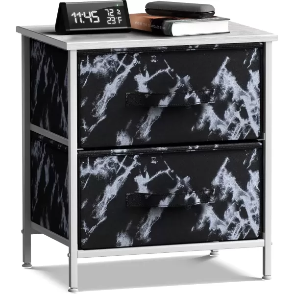 imageSorbus Nightstand with 4 Drawers  Bedside Furniture ampamp Night Stand End Table Dresser with Steel Frame Wood Top Easy Pull Fabric Bins for Home Bedroom Accessories Office ampamp DormMarble Black  White Frame