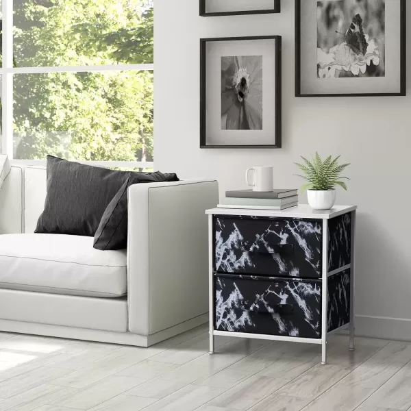 imageSorbus Nightstand with 4 Drawers  Bedside Furniture ampamp Night Stand End Table Dresser with Steel Frame Wood Top Easy Pull Fabric Bins for Home Bedroom Accessories Office ampamp DormMarble Black  White Frame