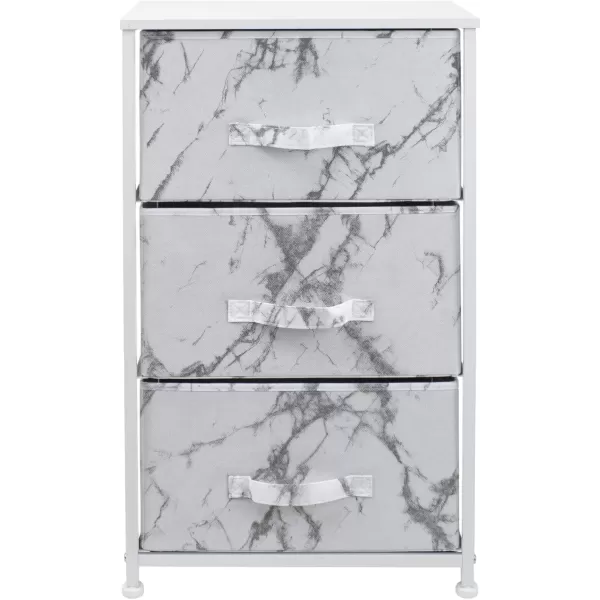 imageSorbus Nightstand with 4 Drawers  Bedside Furniture ampamp Night Stand End Table Dresser with Steel Frame Wood Top Easy Pull Fabric Bins for Home Bedroom Accessories Office ampamp DormMarble White  White Frame