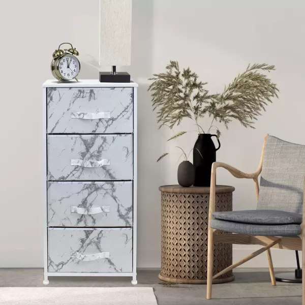 imageSorbus Nightstand with 4 Drawers  Bedside Furniture ampamp Night Stand End Table Dresser with Steel Frame Wood Top Easy Pull Fabric Bins for Home Bedroom Accessories Office ampamp DormMarble White  White Frame