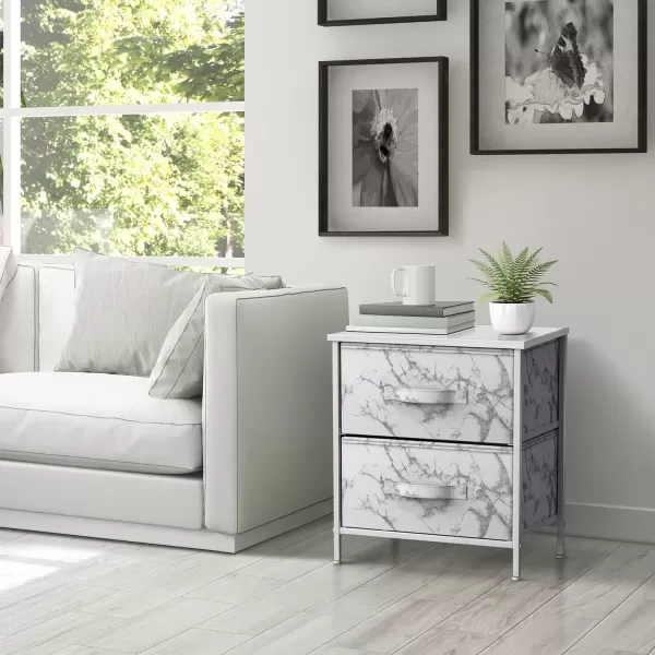 imageSorbus Nightstand with 4 Drawers  Bedside Furniture ampamp Night Stand End Table Dresser with Steel Frame Wood Top Easy Pull Fabric Bins for Home Bedroom Accessories Office ampamp DormMarble White  White Frame