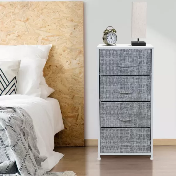 imageSorbus Nightstand with 4 Drawers  Bedside Furniture ampamp Night Stand End Table Dresser with Steel Frame Wood Top Easy Pull Fabric Bins for Home Bedroom Accessories Office ampamp DormGrayWhite