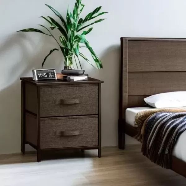imageSorbus Nightstand with 4 Drawers  Bedside Furniture ampamp Night Stand End Table Dresser with Steel Frame Wood Top Easy Pull Fabric Bins for Home Bedroom Accessories Office ampamp DormBrown