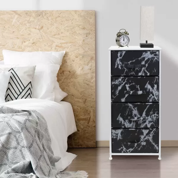 imageSorbus Nightstand with 4 Drawers  Bedside Furniture ampamp Night Stand End Table Dresser with Steel Frame Wood Top Easy Pull Fabric Bins for Home Bedroom Accessories Office ampamp DormMarble Black  White Frame