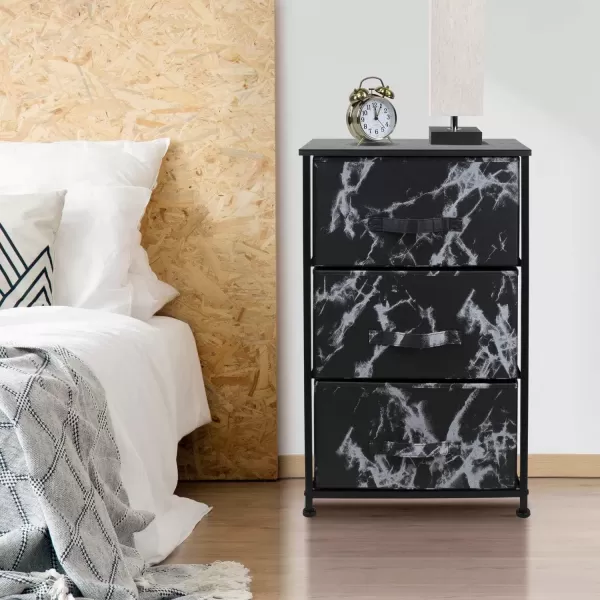 imageSorbus Nightstand with 4 Drawers  Bedside Furniture ampamp Night Stand End Table Dresser with Steel Frame Wood Top Easy Pull Fabric Bins for Home Bedroom Accessories Office ampamp DormMarble Black  Black Frame