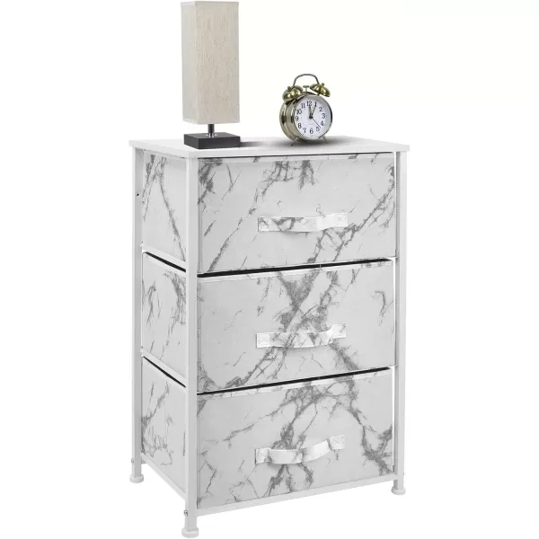 imageSorbus Nightstand with 4 Drawers  Bedside Furniture ampamp Night Stand End Table Dresser with Steel Frame Wood Top Easy Pull Fabric Bins for Home Bedroom Accessories Office ampamp DormMarble White  White Frame